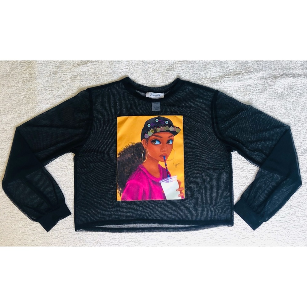 Embellished Graphic Mesh Top with 3D Raised Detailing Small